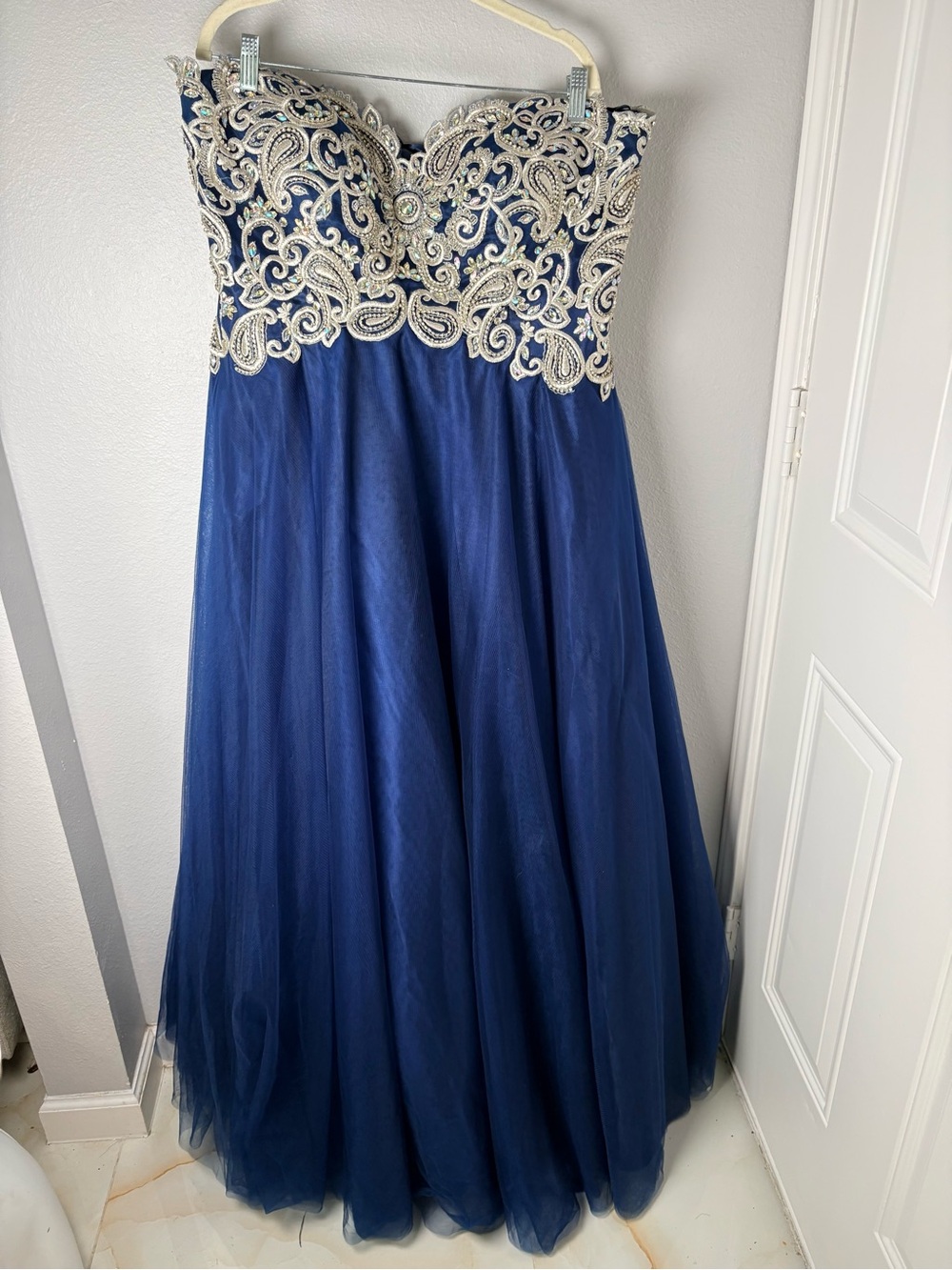 Sydney's Closet Navy Blue Strapless Prom Gown with Silver Embellished Bodice